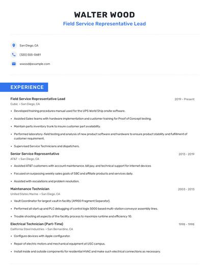 Field Service Representative Lead Resume