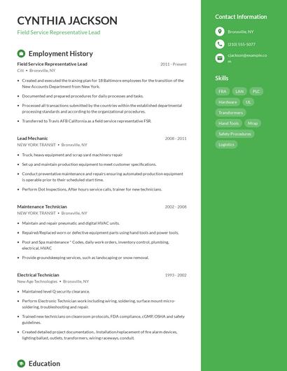 Field Service Representative Lead Resume
