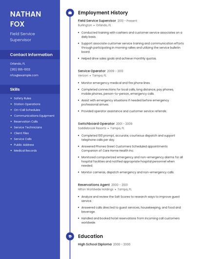 Field Service Supervisor Resume