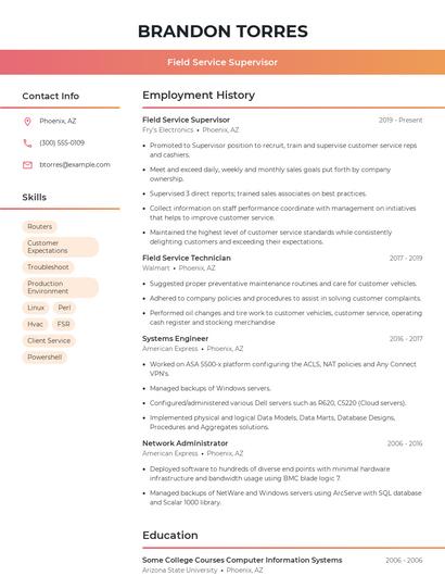 Field Service Supervisor Resume