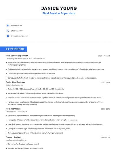 Field Service Supervisor Resume