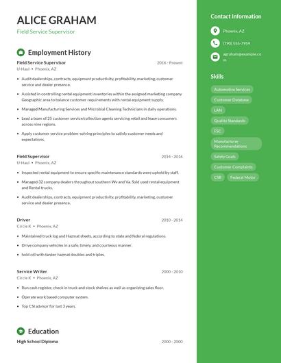 Field Service Supervisor Resume