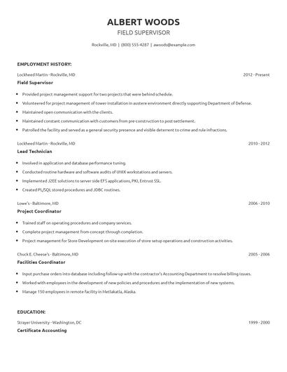 Field Supervisor Resume