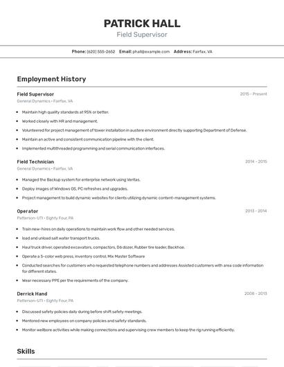 Field Supervisor Resume