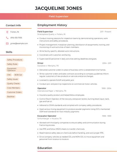 Field Supervisor Resume