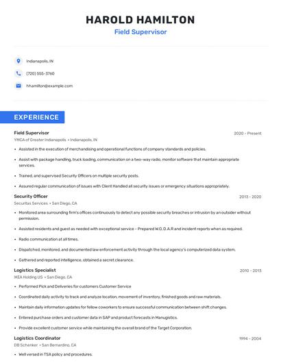 Field Supervisor Resume