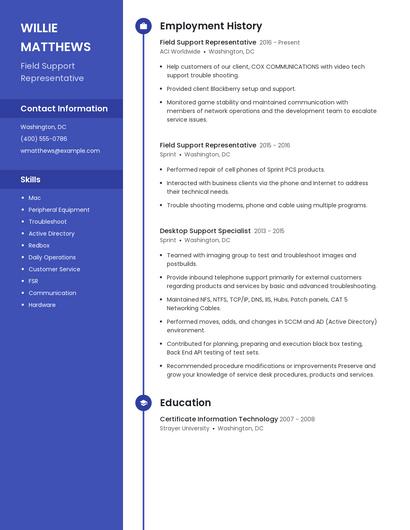 Field Support Representative Resume