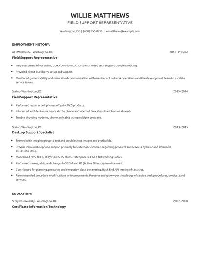 Field Support Representative Resume