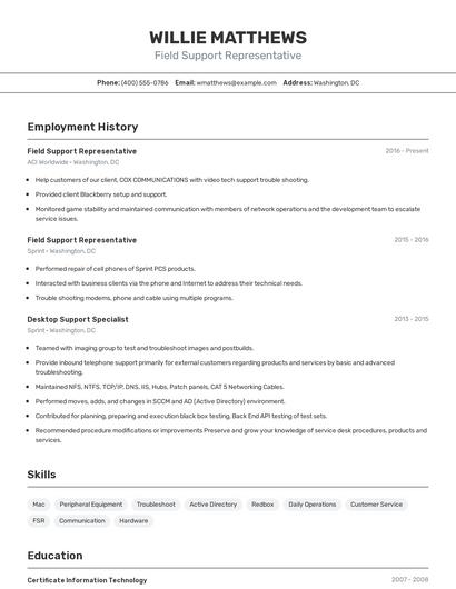 Field Support Representative Resume