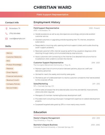 Field Support Representative Resume