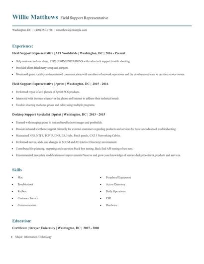 Field Support Representative Resume