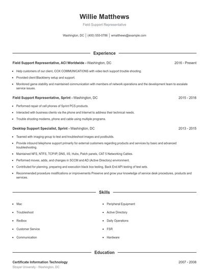 Field Support Representative Resume