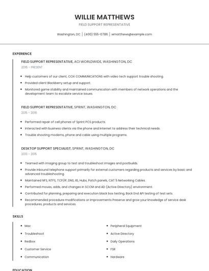 Field Support Representative Resume