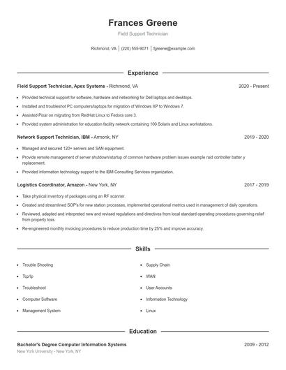 Field Support Technician Resume