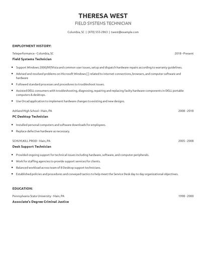 Field Systems Technician Resume