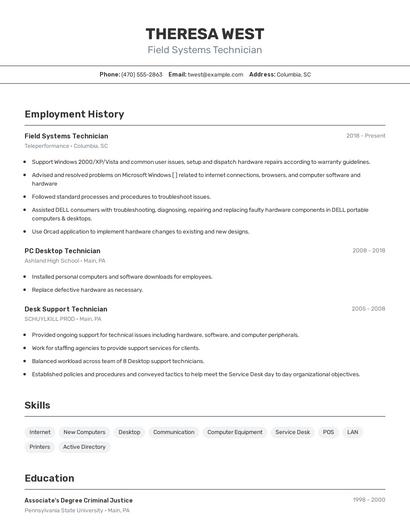Field Systems Technician Resume