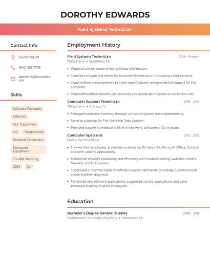 Field Systems Technician Resume