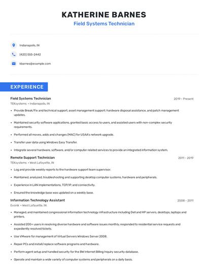 Field Systems Technician Resume