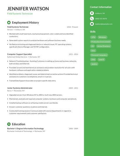 Field Systems Technician Resume