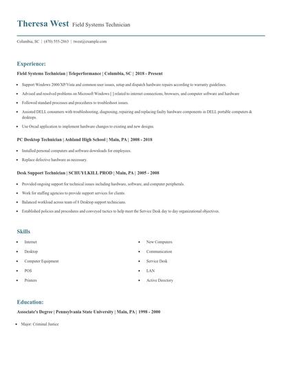 Field Systems Technician Resume