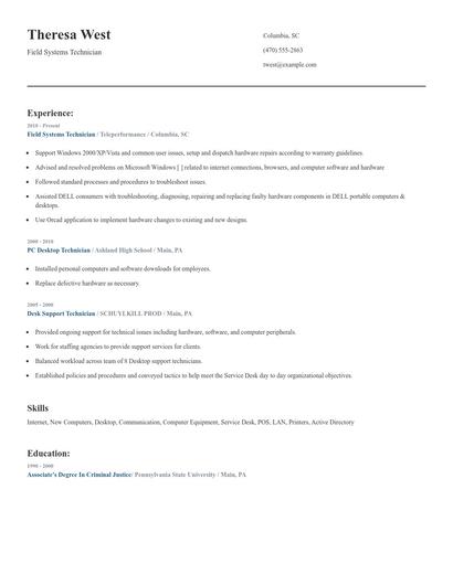 Field Systems Technician Resume