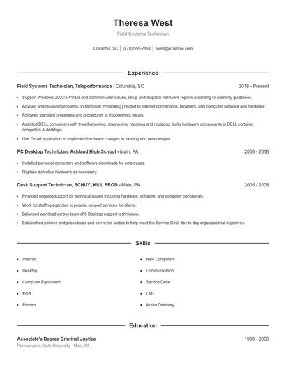 Field Systems Technician Resume