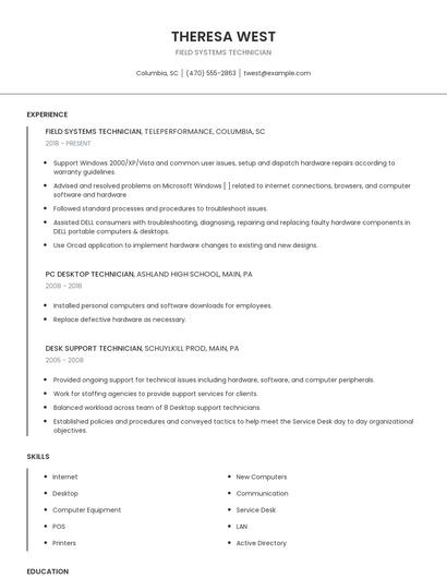 Field Systems Technician Resume
