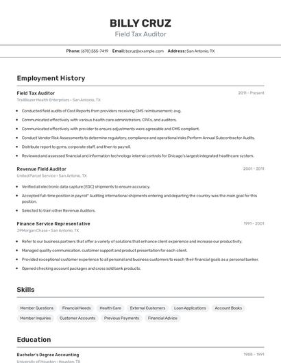 Field Tax Auditor Resume