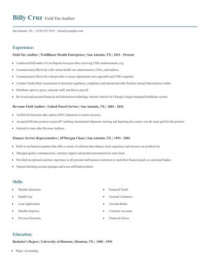 Field Tax Auditor Resume