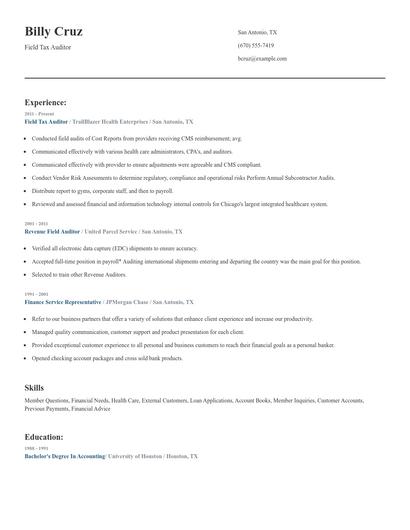 Field Tax Auditor Resume