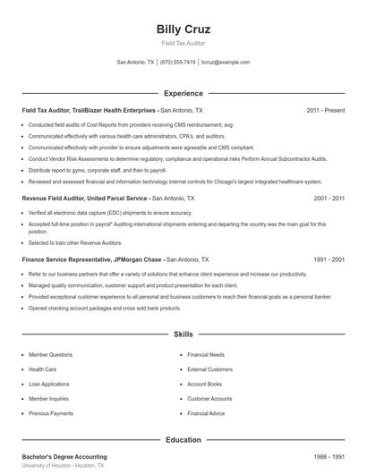 Field Tax Auditor Resume