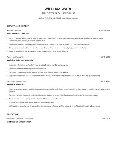 Field Technical Specialist Resume