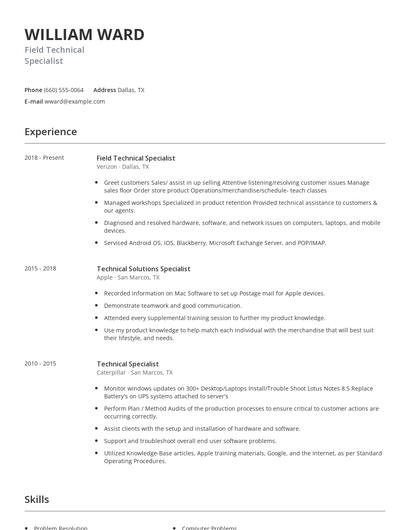 Field Technical Specialist Resume