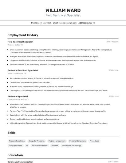 Field Technical Specialist Resume
