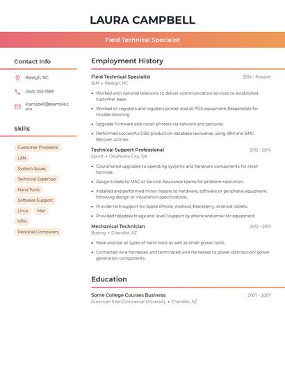 Field Technical Specialist Resume