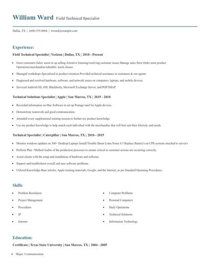 Field Technical Specialist Resume