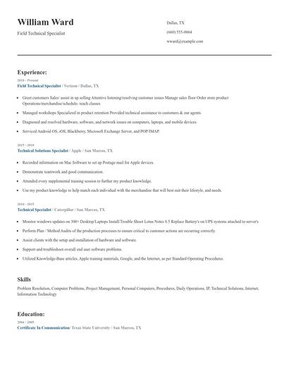 Field Technical Specialist Resume