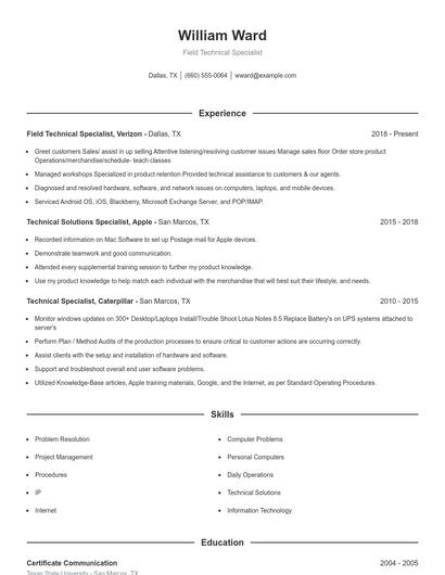 Field Technical Specialist Resume