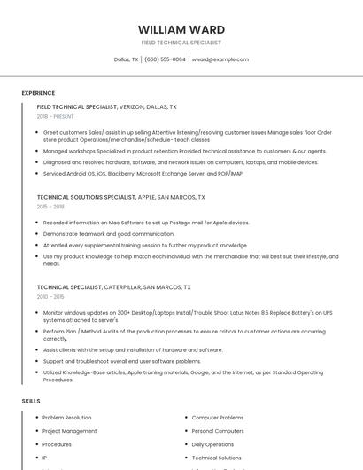Field Technical Specialist Resume