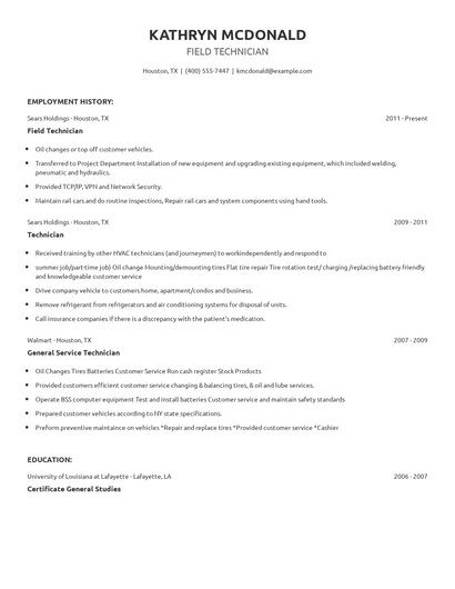 Field Technician Resume