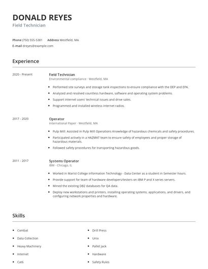 Field Technician Resume