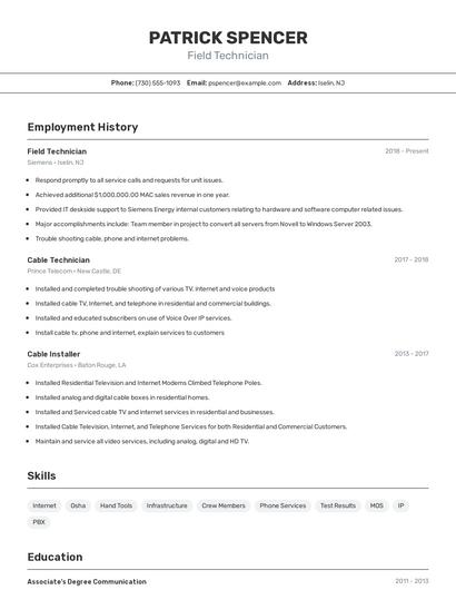 Field Technician Resume