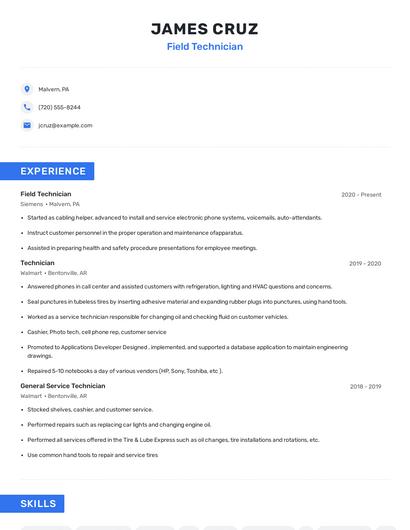 Field Technician Resume