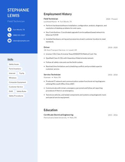Field Technician Resume