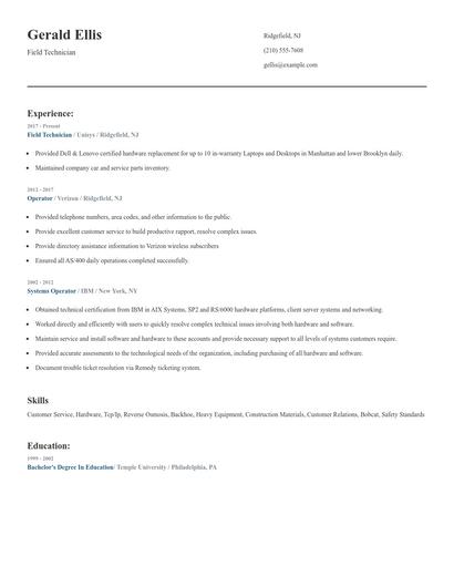 Field Technician Resume