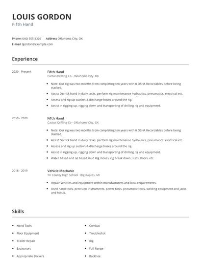 Fifth Hand Resume