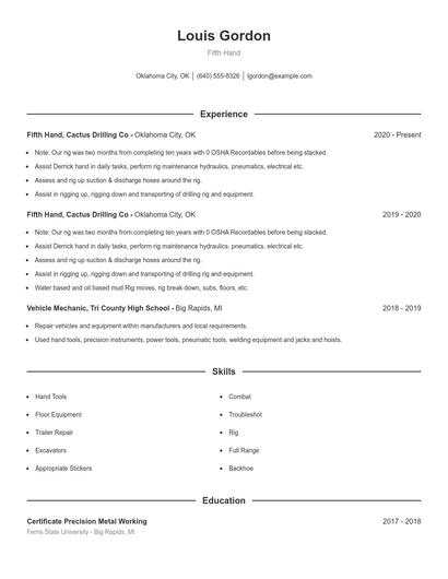 Fifth Hand Resume