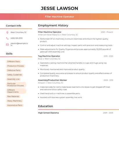 Filler Machine Operator Resume