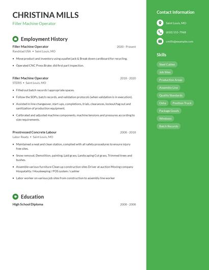 Filler Machine Operator Resume