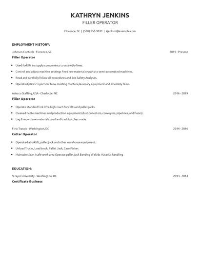 Filler Operator Resume